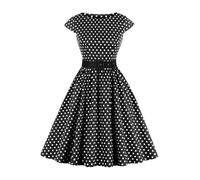 AXOE Donna Abito Vintage Anni 50 Cotone Traspirante, Linea A, Scollo A Barca, Cintura Contrasto Rimovibile Nero con a Pois Bianco, Taglia 48, XL
