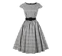 AXOE Donna Abito Vintage Anni 50 Cotone Traspirante, Linea A, Scollo A Barca, Cintura Contrasto Rimovibile Bianco e Nero a Quadri, Taglia 44, M