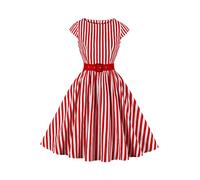 AXOE Donna Abito Vintage Anni 50 Cotone Traspirante, Linea A, Scollo A Barca, Cintura Contrasto Rimovibile Bianco con Strisce Rosso, Taglia 48, XL