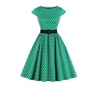 AXOE Donna Abito Vintage Anni 50 Cotone Traspirante, Linea A, Scollo A Barca, Cintura Contrasto Rimovibile Verde con Pois Bianco, Taglia 46, L
