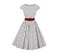 AXOE Donna Abito Vintage Anni 50 Cotone Traspirante, Linea A, Scollo A Barca, Cintura Contrasto Rimovibile Bianco con Pois Nero, Taglia 46, L