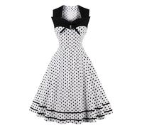 AXOE Donna Abito Vintage Anni '50 Linea A con Fiocco Motivo Puntini Scollo Quadrato Senza Maniche per Feste Bianco e Nero Taglia 42, S