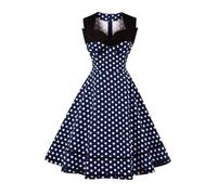 AXOE Donna Abito Vintage Anni '50 Linea A con Fiocco Motivo Puntini Scollo Quadrato Senza Maniche per Feste Blu Marino e Bianco Taglia 42, S