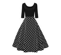 AXOE Donna Abito Vintage Anni '50 Linea ad A Cocktail Cotone Manica Lunga 3/4 Nero con Pois Bianchi Taglia 54, 4XL