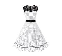 AXOE Donna Abito Vintage Anni '50 Taglio A-Line Cintura Removibile per Matrimoni Cocktail e Quotidiano Bianco Pois Nero, Taglia 42 (EU 38), S