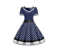 AXOE Donna Vestito Anni 50 Rockabilly Scollo a Cuore con Cintura Regolabile Abito da Cerimonia per Feste e Occasioni Speciali Blu Navy e Pois Bianco, Taglia 40, XS