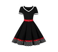 AXOE Donna Vestito Anni 50 Rockabilly Scollo a Cuore con Cintura Regolabile Abito da Cerimonia per Feste e Occasioni Speciali Nero e Pois Bianco, Taglia 52, 3XL
