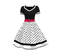 AXOE Donna Vestito Anni 50 Rockabilly Scollo a Cuore con Cintura Regolabile Abito da Cerimonia per Feste e Occasioni Speciali Bianco e Pois Nero, Taglia 44, M