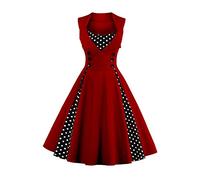 AXOE Donna Vestito Anni 50 Vintage Linea A con Puntini Contrasto Abito da Cerimonia per Festa Cocktail Matrimonio Cotone Elastico Bordeaux, Taglia 56, 5XL