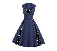 AXOE Donna Vestito Anni 50 Vintage Linea A con Puntini Contrasto Abito da Cerimonia per Festa Cocktail Matrimonio Cotone Elastico Marina Militare, Taglia 56, 5XL
