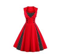 AXOE Donna Vestito Anni 50 Vintage Linea A con Puntini Contrasto Abito da Cerimonia per Festa Cocktail Matrimonio Cotone Elastico Rosso, Taglia 42, S