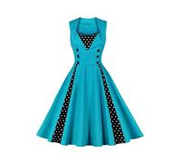 AXOE Donna Vestito Anni 50 Vintage Linea A con Puntini Contrasto Abito da Cerimonia per Festa Cocktail Matrimonio Cotone Elastico Turchese, Taglia 46, L