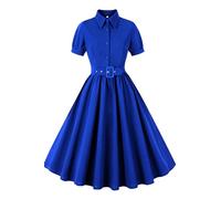 AXOE Donna Vestito Anni 50 Vintage Maniche Corte Abito Svasato per Cocktail Cerimonie Festa Ufficio Blu Medio, Taglia 54 (EU 50), 4XL
