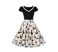 AXOE Donna Vestito Cerimonia Tulle e Fiori Abito d Epoca Anni 50 Elegante Midi Matrimonio, Festa, Eventi Beige e Nero F01, Taglia 42 (EU 38), S