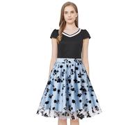 AXOE Donna Vestito Cerimonia Tulle e Fiori Abito d Epoca Anni 50 Elegante Midi Matrimonio, Festa, Eventi Azzurro e Nero F02, Taglia 48 (EU 44), XL