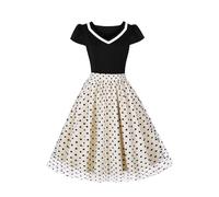 AXOE Donna Vestito Cerimonia Tulle e Fiori Abito d Epoca Anni 50 Elegante Midi Matrimonio, Festa, Eventi Pois Beige e Nero F03, Taglia 54 (EU 50), 4XL