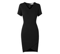 AXOE Donna Vestito Etui Linea Slim Scollo a V Manica Corta Lunghezza Ginocchio con Incrocio Frontale Tessuto Elasticizzato Poliestere per Ufficio e Casual Nero, Taglia 48, XXL