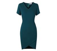 AXOE Donna Vestito Etui Linea Slim Scollo a V Manica Corta Lunghezza Ginocchio con Incrocio Frontale Tessuto Elasticizzato Poliestere per Ufficio e Casual Verde Scuro, Taglia 50, 3XL