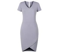 AXOE Donna Vestito Etui Linea Slim Scollo a V Manica Corta Lunghezza Ginocchio con Incrocio Frontale Tessuto Elasticizzato Poliestere per Ufficio e Casual Grigo, Taglia 44, L