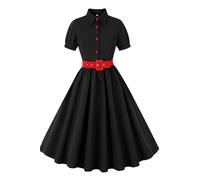 AXOE Donna Vestito retrò Anni 50 con Cintura per Cerimonie e Casual Manica Corta Nero e Rosso, Taglia 54 (EU 50), 4XL
