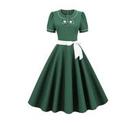 AXOE Donna Vestito Vintage A-Linea con Cintura Satinato Rimovibile Abito Elegante Quotidiano Tessuto Antipiega e Facile Manutenzione Verde, Taglia 44, L