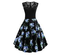 AXOE Donna Vestito Vintage Anni 50 60 con Pizzo Senza Maniche Midi Floreale Cotone Abito da Cerimonia, Cocktail, Estate Nero F12, Taglia 50, XXL