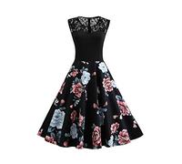 AXOE Donna Vestito Vintage Anni 50 60 con Pizzo Senza Maniche Midi Floreale Cotone Abito da Cerimonia, Cocktail, Estate Nero F06, Taglia 46, L