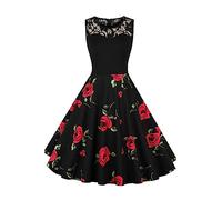 AXOE Donna Vestito Vintage Anni 50 60 con Pizzo Senza Maniche Midi Floreale Cotone Abito da Cerimonia, Cocktail, Estate Nero e Rossa F1B, Taglia 48, XL