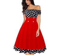 AXOE Donna Vestito Vintage Anni '50 off The Shoulder con Scollo Elasticizzato A-Line e Fantasia Pois Abito Corto Estate per Appuntamenti Vacanze e Outdoor Rosso Nero Taglie 44, M