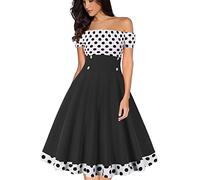 AXOE Donna Vestito Vintage Anni '50 off The Shoulder con Scollo Elasticizzato A-Line e Fantasia Pois Abito Corto Estate per Appuntamenti Vacanze e Outdoor Nero Bianco Taglie 42, S