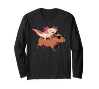 Axolotl Riding Capybara con occhiali da sole Animal Meme Tee Maglia a Manica