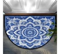 Axurera Tappeto mezzo rotondo, stile bohémien blu scuro con mandala floreale, lavabile, tappetino per porta d'ingresso, per interni, bagno, camera da letto, antiscivolo, 91 x 61 cm