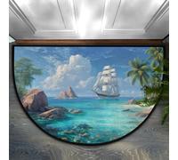 Axurera Tappeto semicircolare, con paesaggio oceanico e palme, lavabile, semicircolare, per interni, ingresso, bagno, camera da letto, zerbino, antiscivolo, 91 x 61 cm