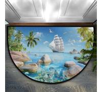 Axurera Tappeto semicircolare, con scena oceanica estiva, blu, cielo, barca, lavabile, semicircolare, per interni, ingresso, bagno, camera da letto, zerbino, 91 x 61 cm
