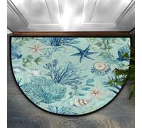 Axurera Tappeto semicircolare, lavabile, con stella marina e corallo verde turchese per interni, ingresso, bagno, camera da letto, zerbino, 91 x 61 cm