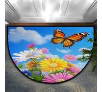 Axurera Tappeto semicircolare, lavabile, semicircolare, con fiori, farfalle, cielo, per interni, ingresso, bagno, camera da letto, antiscivolo, 91 x 61 cm