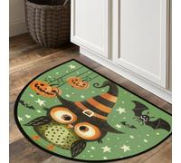 Axurera Tappeto semicircolare, motivo: gufo di Halloween su sfondo verde, lavabile, tappetino per interni, ingresso, bagno, camera da letto, zerbino, antiscivolo, 91 x 61 cm