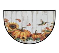 Axurera Tappeto semicircolare, tappetino autunnale con girasole e zucca su legno, lavabile, semicircolare, per interni, ingresso, bagno, camera da letto, zerbino antiscivolo, 91 x 61 cm