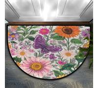 Axurera Tappeto semicircolare, tappetino da giardino primaverile con fiori e farfalle, lavabile, semicerchio, per interni, ingresso, bagno, camera da letto, zerbino, antiscivolo, 91 x 61 cm