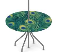 Axurera Tovaglia rotonda per esterni con foro per ombrellone e cerniera, con occhi di piume di pavone verde, con elastico, impermeabile, facile da pulire, per tavoli da giardino e patio, adatta a