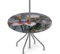 Axurera Tovaglia rotonda per esterni con foro per ombrellone e cerniera, motivo calle, fiori e fiori, con elastico, impermeabile, facile da pulire, per tavoli da giardino da 91,4 a 111,8 cm