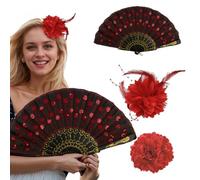 Axvxby Set di 3 pezzi in stile cinese - Grande fermaglio per capelli rosso Peony + copricapo a piuma rossa + ventaglio pieghevole cinese nero rosso con fiori per capelli da donna
