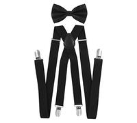 axy - bretelle per pantaloni da uomo con papillon - 4 Clip a forma di X con tenuta forte Nero (bretelle larghe 2,5 cm). taglia unica