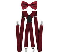 axy - bretelle per pantaloni da uomo con papillon - 4 Clip a forma di X con tenuta forte Rosso vino (bretelle larghe 2,5 cm) taglia unica