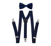 Axy Bretelle per ragazzi a forma di Y, larghezza 2,5 cm, con papillon - 3 clip stabili per bambini di età 7-12 anni, Nero/Blu, Taglia Unica