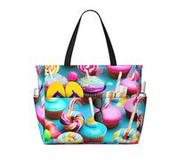 axzttupy Colorato Dolce Lollipop Cupcake Donut Stampa Grande Capacità Spiaggia Borsa da Viaggio Leggero Tote Vacanza Picnic Attività all'aperto