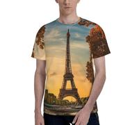 axzttupy T-shirt da uomo a maniche corte con stampa autunnale Torre Eiffel Parigi elegante girocollo ufficio atletica occasione quotidiana, Nero , S