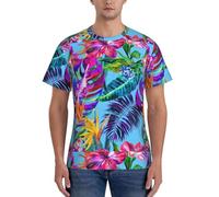 axzttupy T-shirt da uomo a maniche corte con stampa di piante tropicali con fiori rosa per allenamento casual uscite comode da indossare tutti i giorni, Nero , XXL