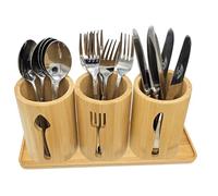 AYAMAX Set di 3 Porta Posate in Bambù | Porta Posate Cucina con Vassoio | Supporto Decorativo per Posate e Porta Utensili - Cucchiai, Forchette e Coltelli