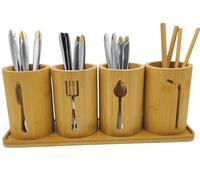 AYAMAX Set di 4 Porta Posate in Bambù | Porta Posate Cucina con Vassoio | Supporto Decorativo per Posate e Porta Utensili - Cucchiai, Forchette, Coltelli e Cannucce